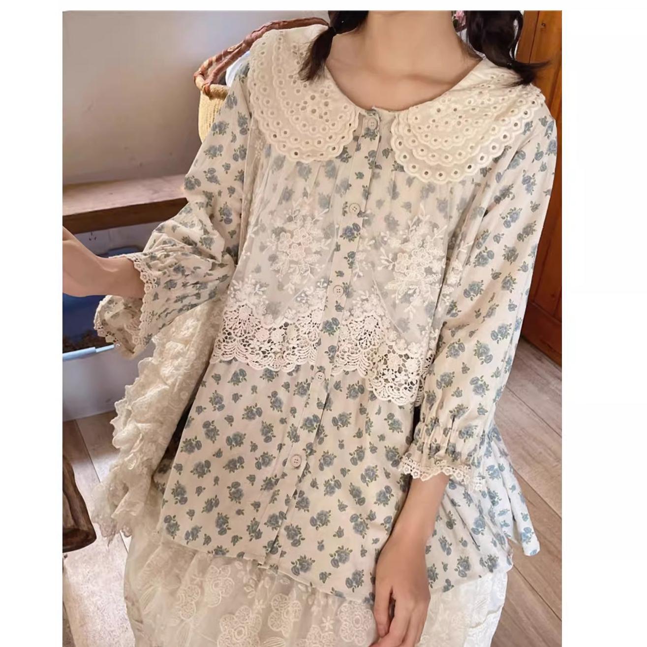 Mori Kei Blouse Floral Cotton Linen Shirt With Lace 36222:524854