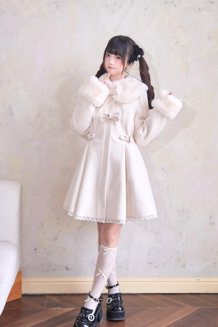 Jirai Kei Winter Coat Fur Collar Lace Coat With Bows 41410:698154