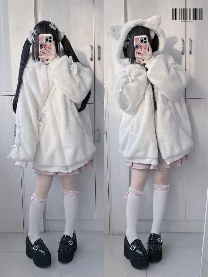 Jirai Kei Winter Coat Cat Ear Hoodie Thick Fleece Coat 40956:682354