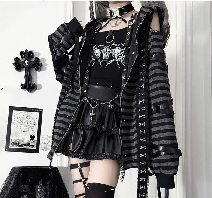 Gothic Open-Shoulder Hoodie Jacket with Devil Horns 46063:875402