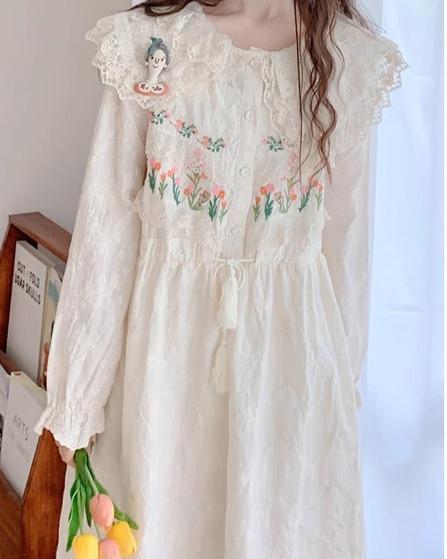 Mori Kei Peter Pan Collar Beige Lace Embroidery Long Sleeve Dress 22568:329402 22568:329402