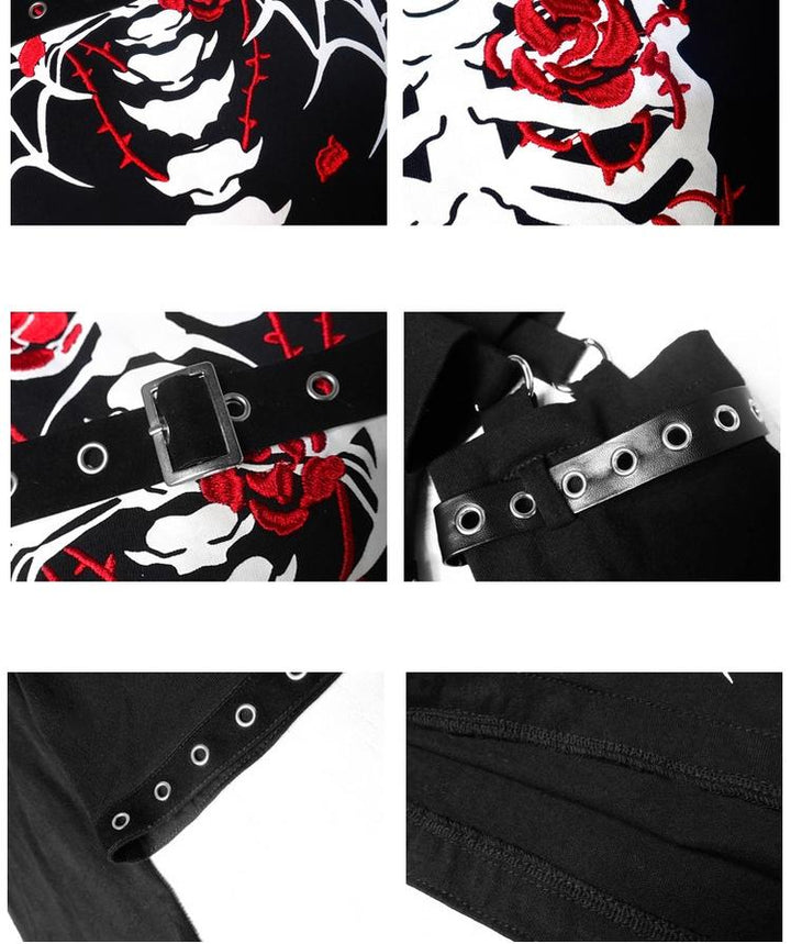 Gothic Skull Embroidered T-Shirt Detachable Sleeves and Leather Buckle 35726:502810