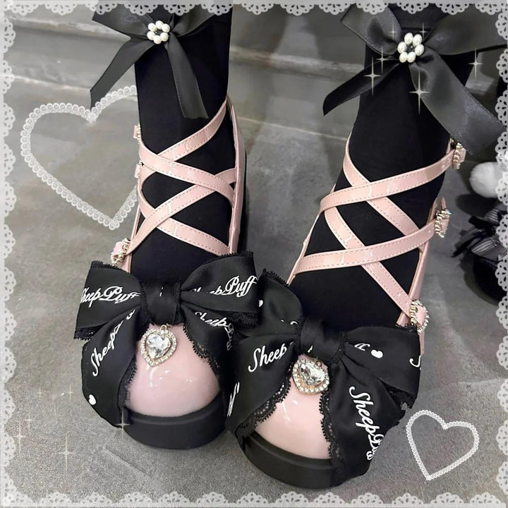 Jirai Kei Shoes Black Pink Platform Shoes Bow Buckle Shoes 21984:631706