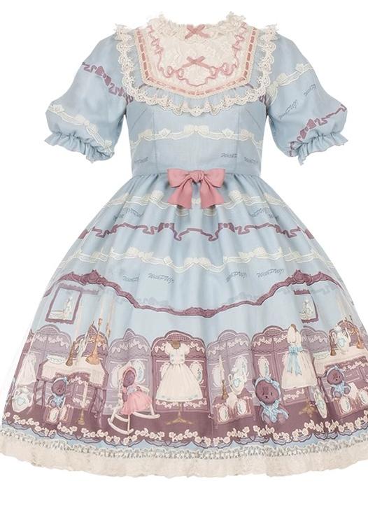 Blue White Lolita Dress Little Bear Embroidered 3-Style Dress (L M S) 32062:382600