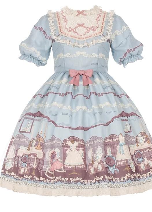 Blue White Lolita Dress Little Bear Embroidered 3-Style Dress (L M S) 32062:382600 32062:382600