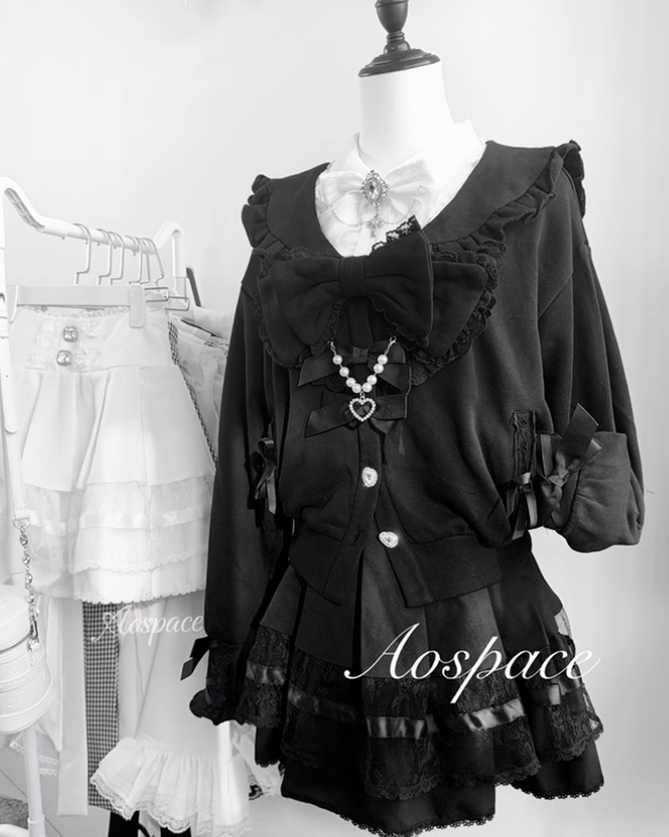 Jirai Kei Jacket Sailor Collar Coat With Lace Bow and Peal Chain 42148:730706