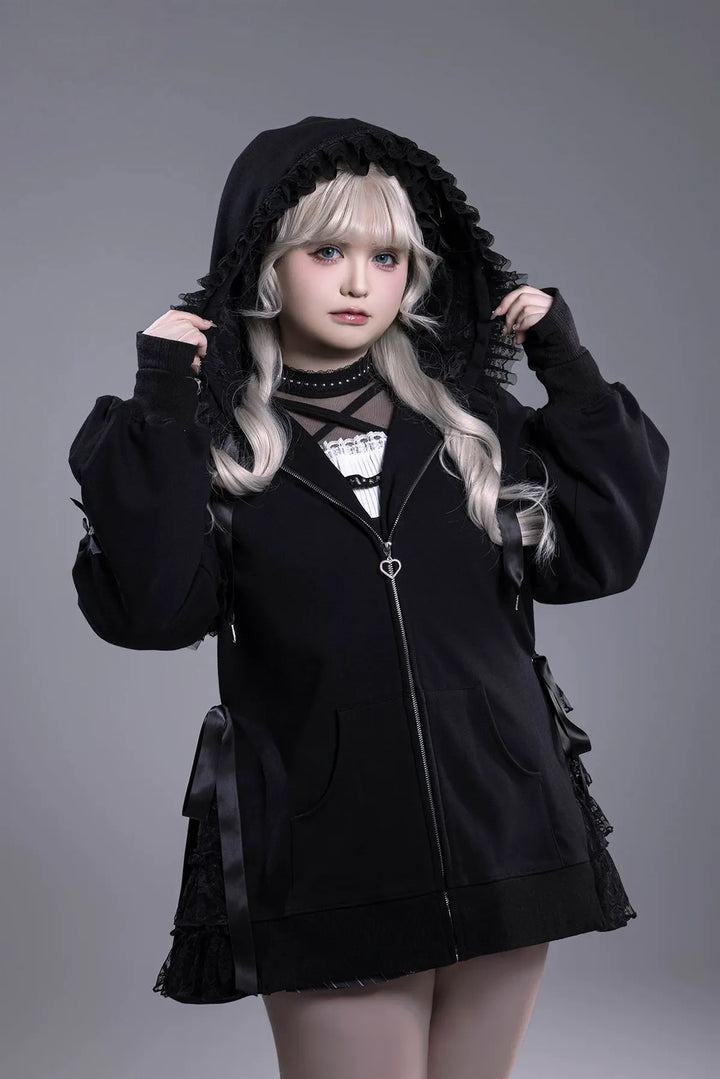 Lace-Trim Hoodie Coat, Side Pocket 45227:842324