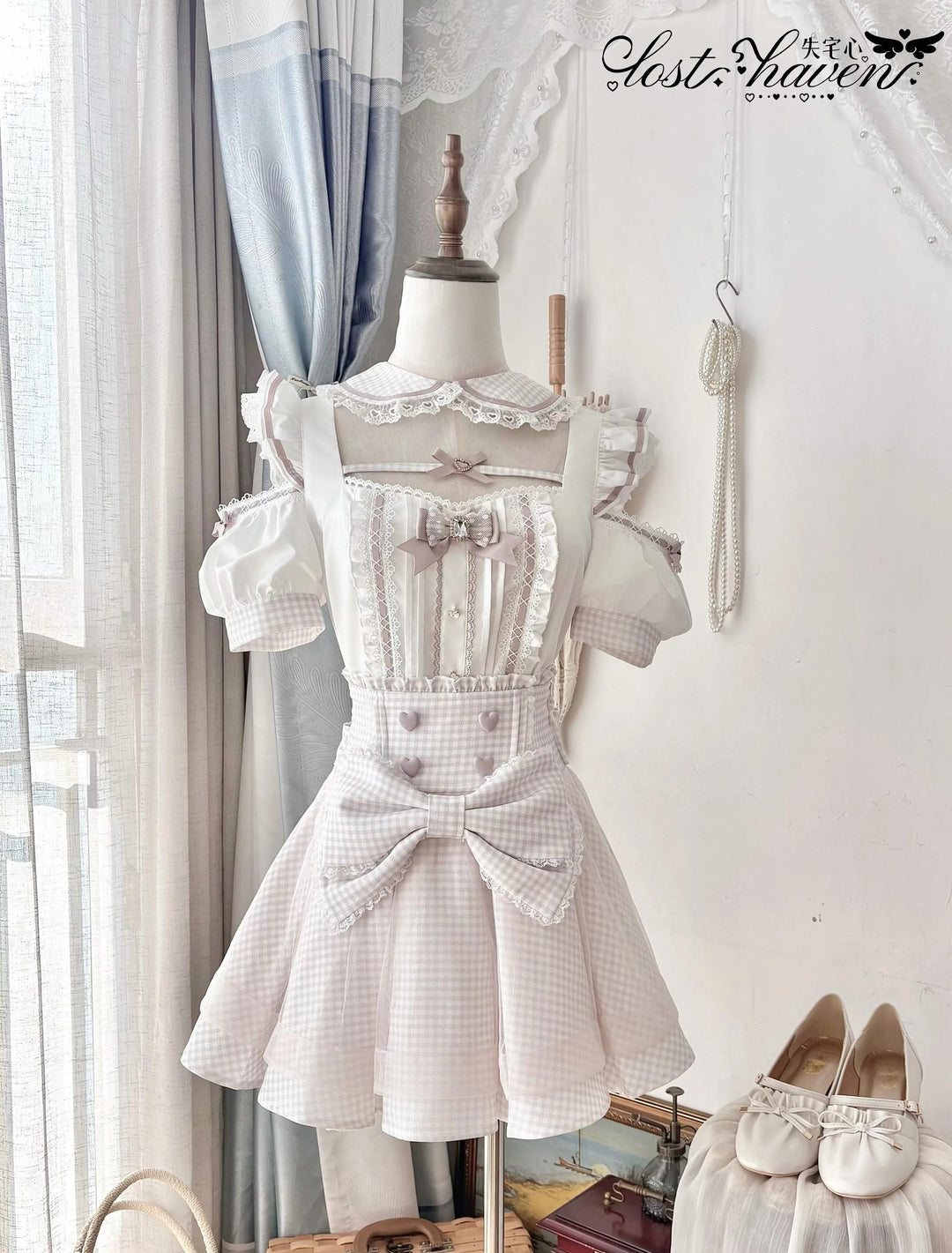 Jirai Kei Gingham Maid Blouse and Skirt Set, Detachable Apron 45659:858713