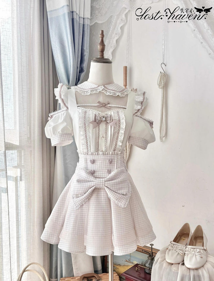 Jirai Kei Gingham Maid Blouse and Skirt Set, Detachable Apron 45659:858713