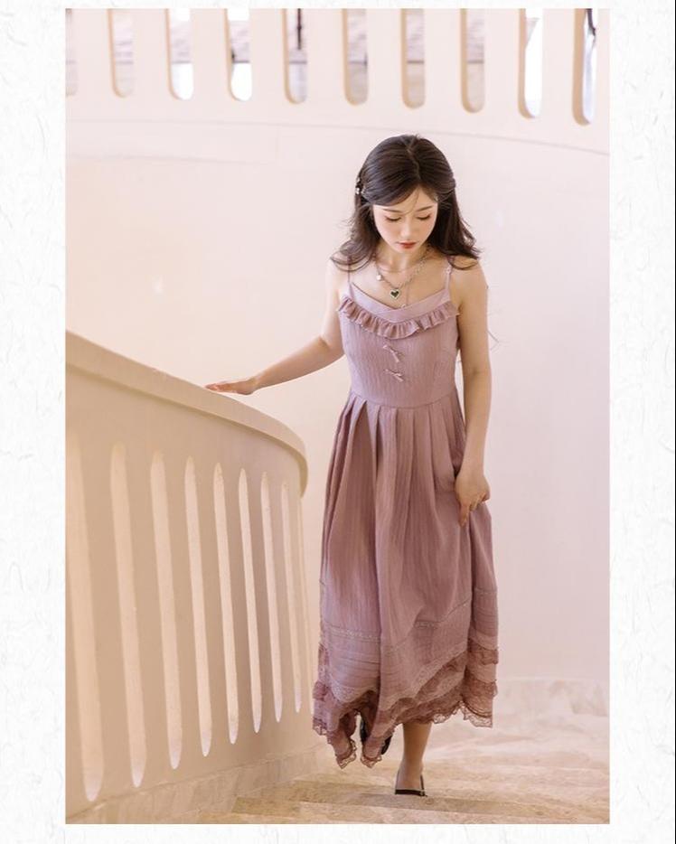 Mori Kei Strap Dress V-neck Dress With Multiple colors 36210:524130 36210:524130