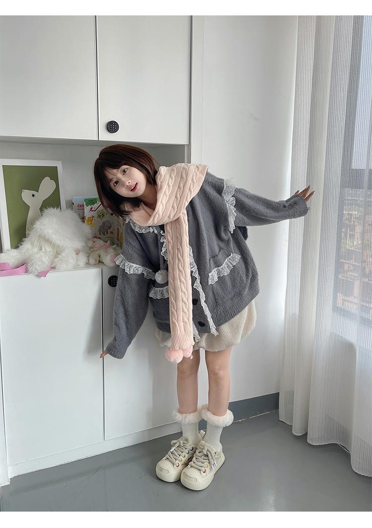 Kawaii Coat Sweater Bunny Ear Lace Knitted Hooded Cardigan 40338:665392