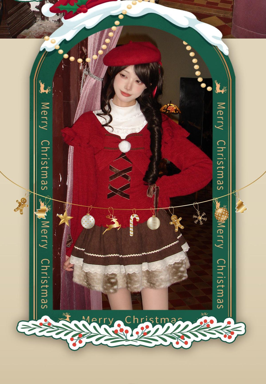 Christmas Red Off-Shoulder Sweater, Ruffled Skirt 44160:798310