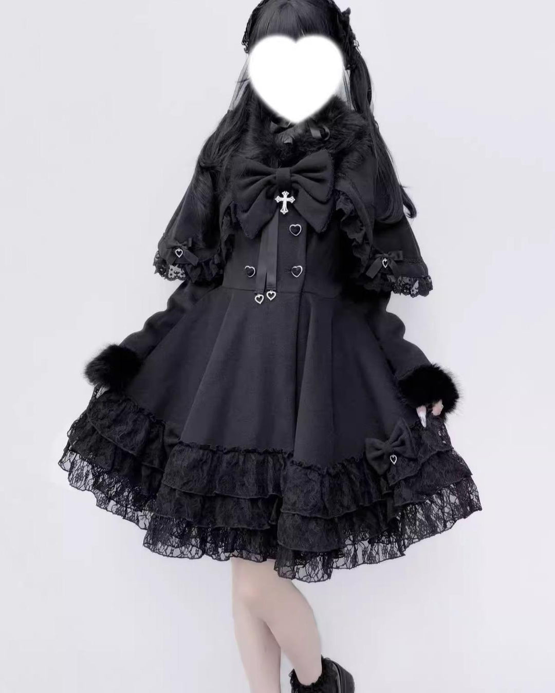 Winter Jirai Kei Coat With Detachable Cape Lace Trim Coat 41574:706776