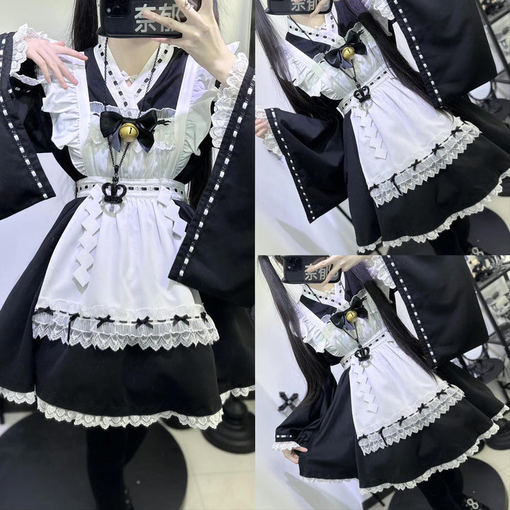 Kawaii Black Maid Blouse Flutter Sleeve Apron Suspender Skirt Set 42282:735194