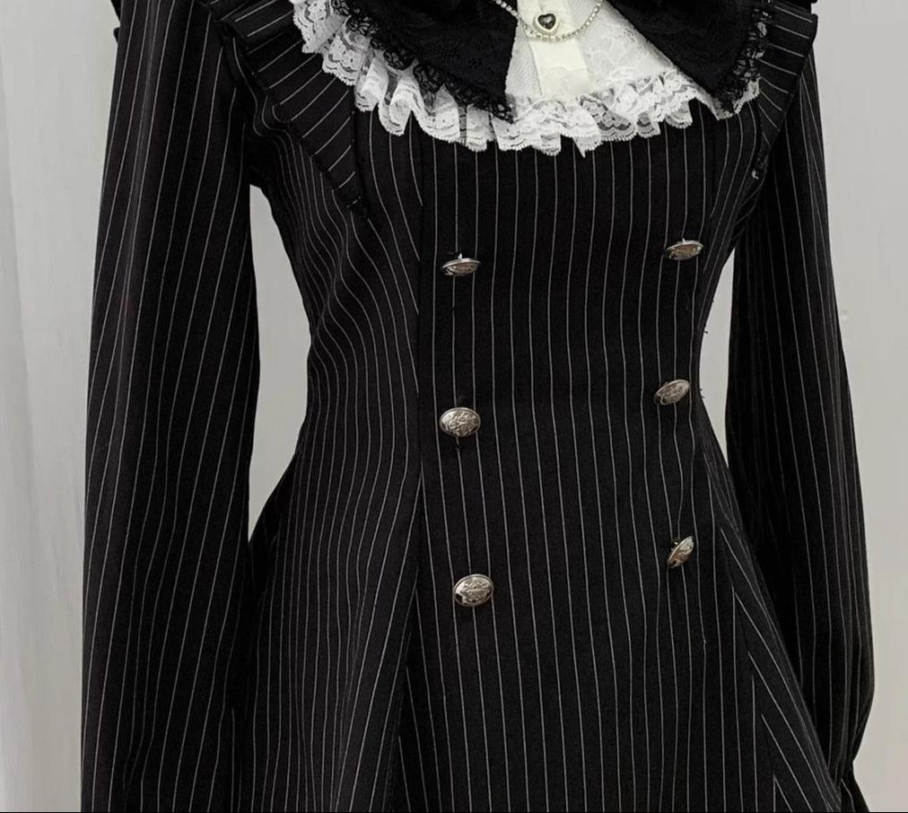 Black Striped Jirai Kei Set Up, Waist-cinching Dress 44921:828343