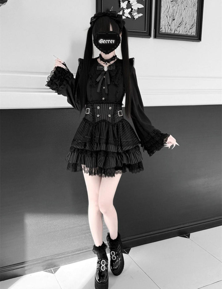 Jirai Kei Lace Blouse, High-Waist Tiered Skirt 44525:811444