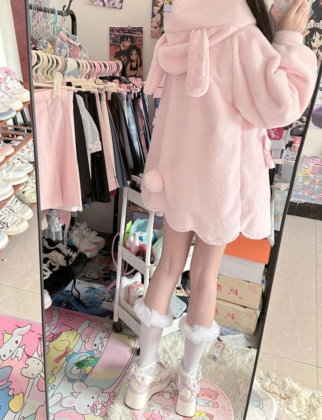 Jirai Kei Coat Sweet Bunny Ear Hoodie Long Fleece Coat 40938:682316