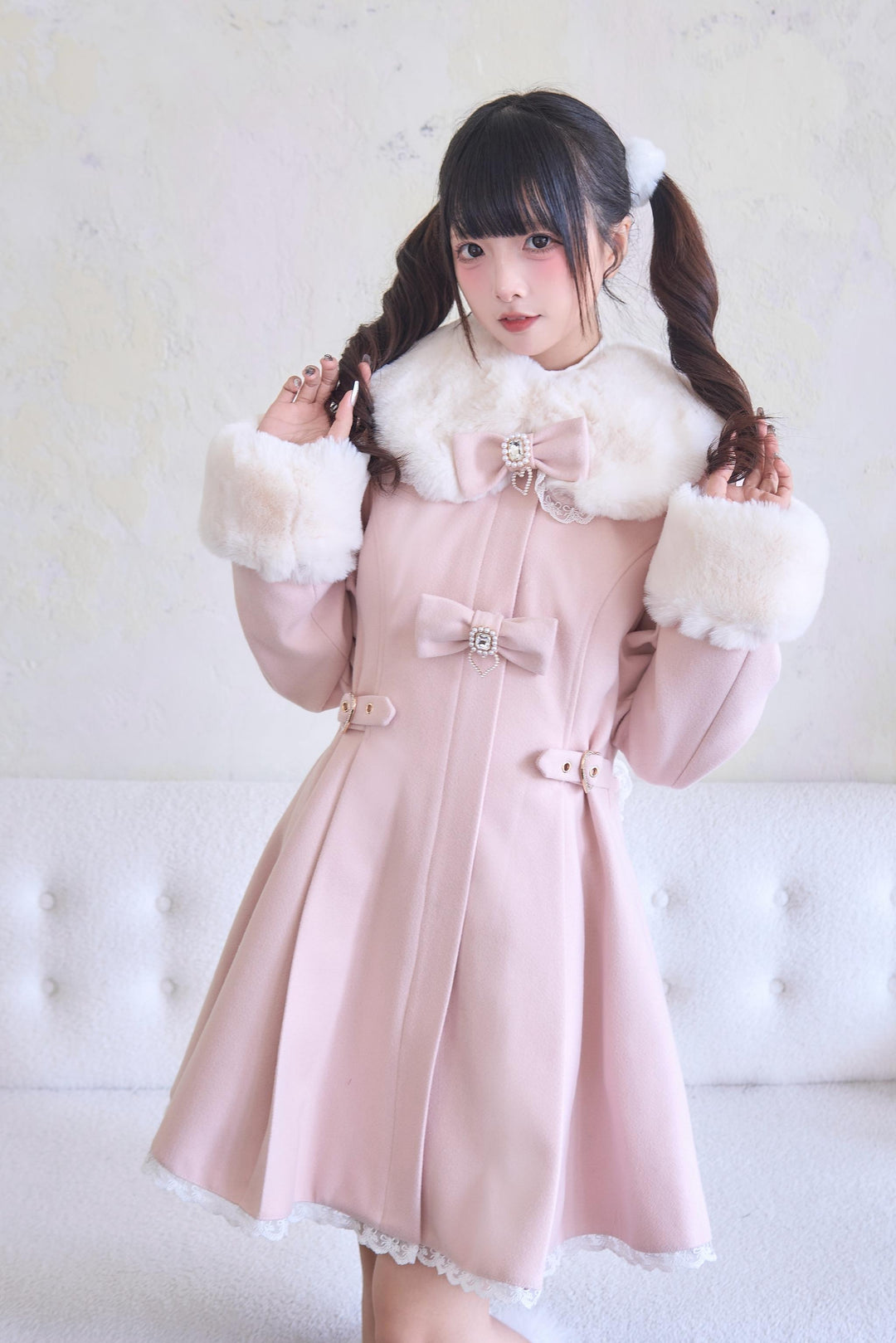 Jirai Kei Winter Coat Fur Collar Lace Coat With Bows 41410:698406