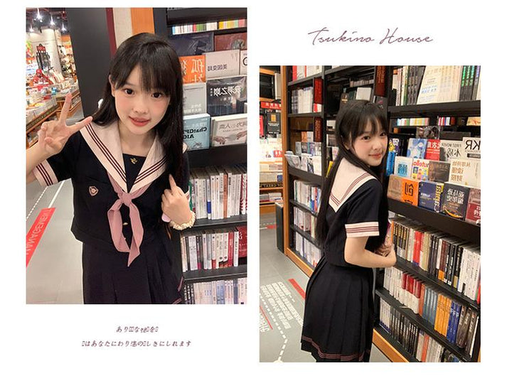 Navy and Pink JK Uniform Top + Pleated Skirt 43790:785156