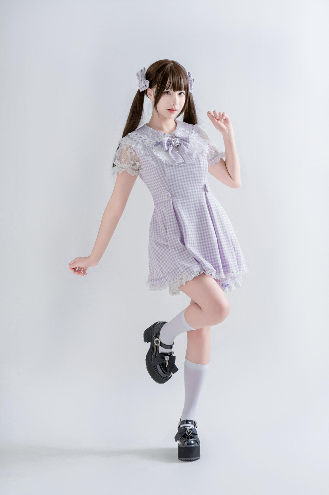 Jirai Kei Plaid Dress Set, Rhinestone Collar Bow 45008:837307