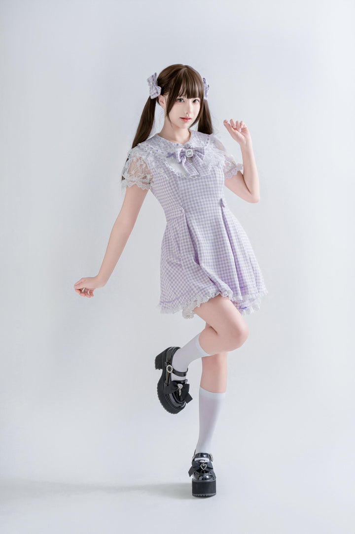 Jirai Kei Plaid Dress Set, Rhinestone Collar Bow 45008:837307