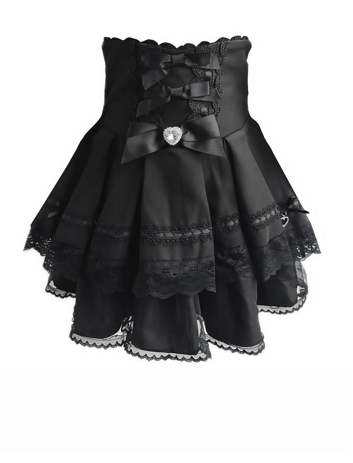 High Waist Jirai Kei Skirt Tiered-Ruffle Skirt with Lace Trim (L S) 42496:743056