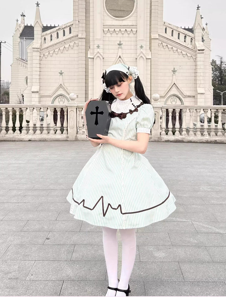 Old School Lolita Striped Dress, Cross Apron 45136:836823