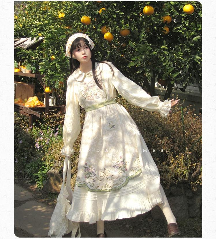Cottagecore Dress Mori Kei Dress Set Embroidered Cotton Set 36238:527634