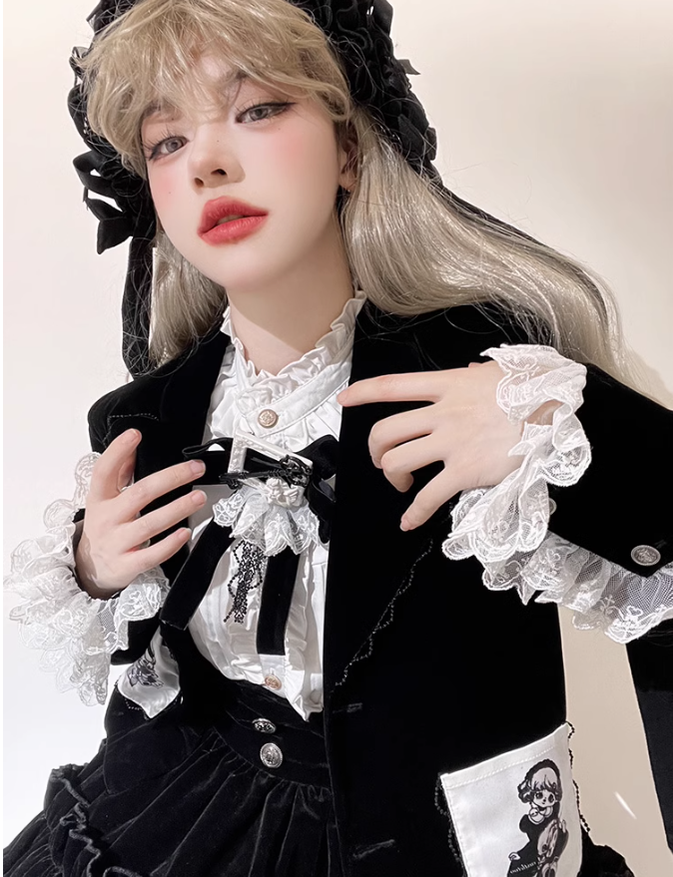 Ouji Lolita Prince Outfit Set Black Skirt Velvet Shorts Set 39368:632038