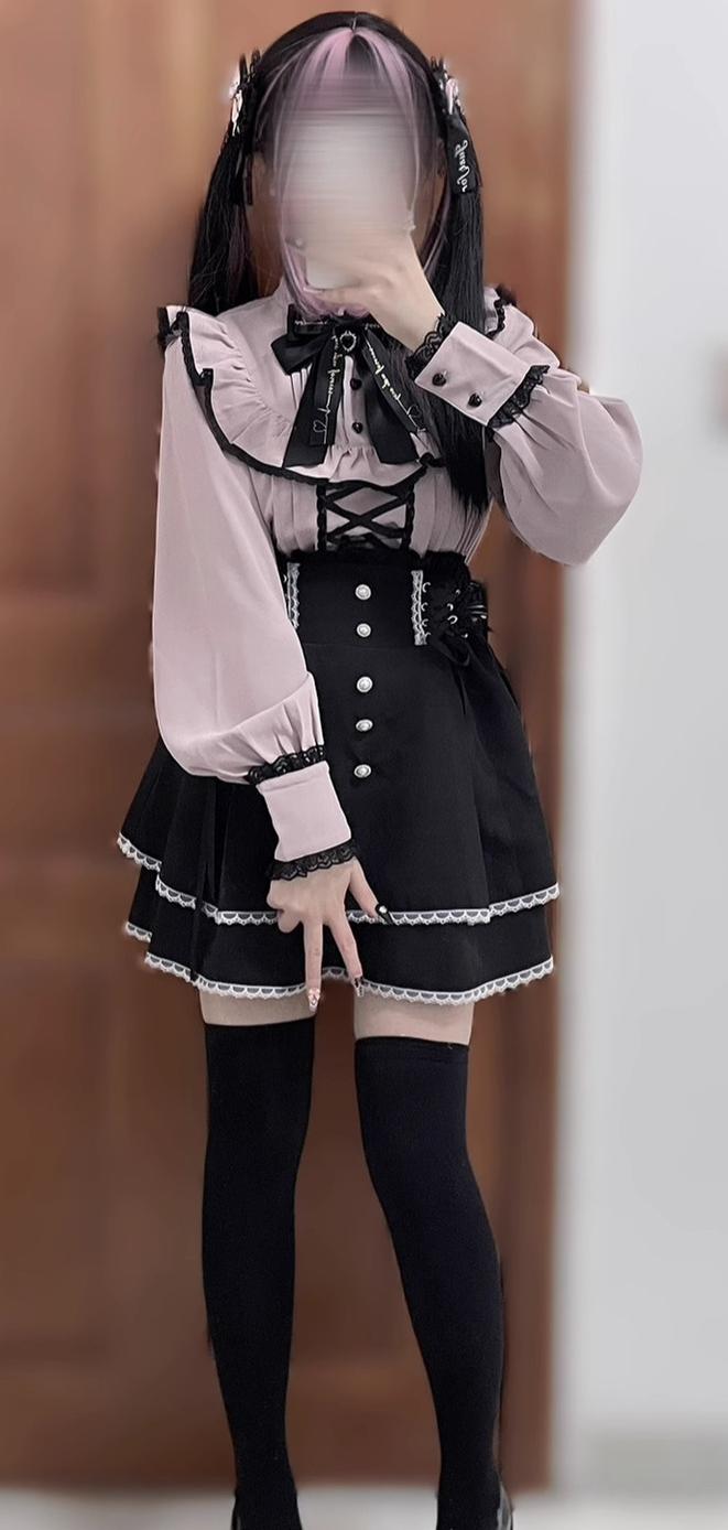 Jirai Kei Pearl Lace Up Butterfly Bow Black Skirt 21738:311060