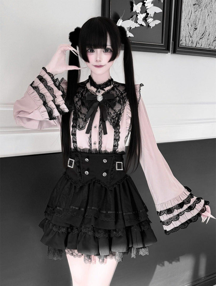 Jirai Kei Lace Blouse, High-Waist Tiered Skirt (2XL L M S XL) 44525:811450