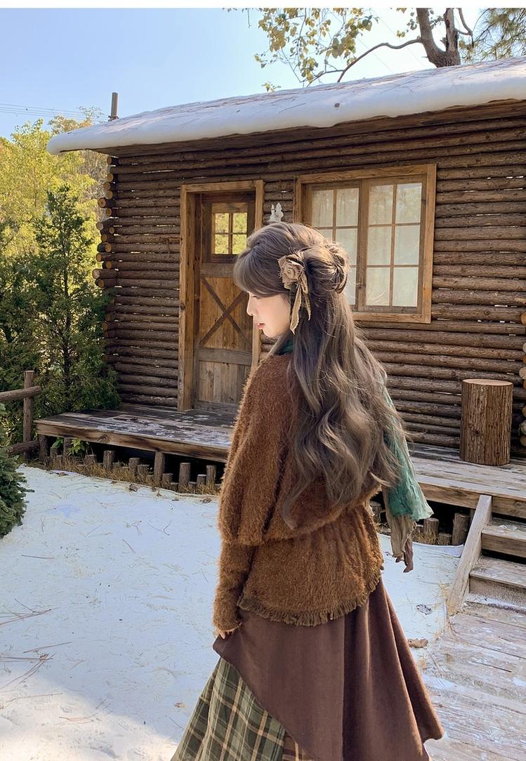 Mori Kei Stand-Collar Sweater, Irregular Plaid Skirt 44214:803856