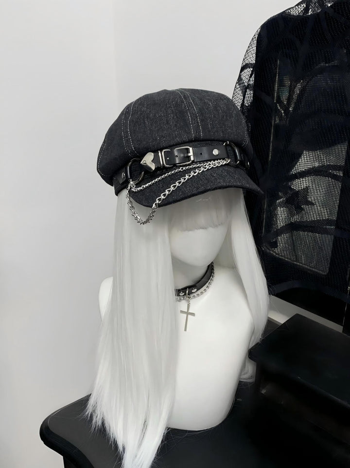 Jirai Kei Hat Denim Dark Grey Metal Chain Beret 39118:626426