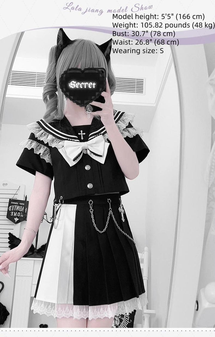 Lace Sailor Collar Gothic Skirt Suit, Detachable Waist Chain 43626:781402