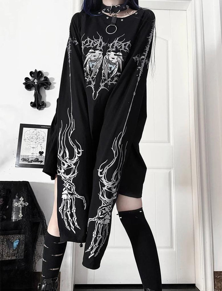 Gothic Long Sleeve Cotton T-Shirt, Demon Ram Embroidery 46062:875058