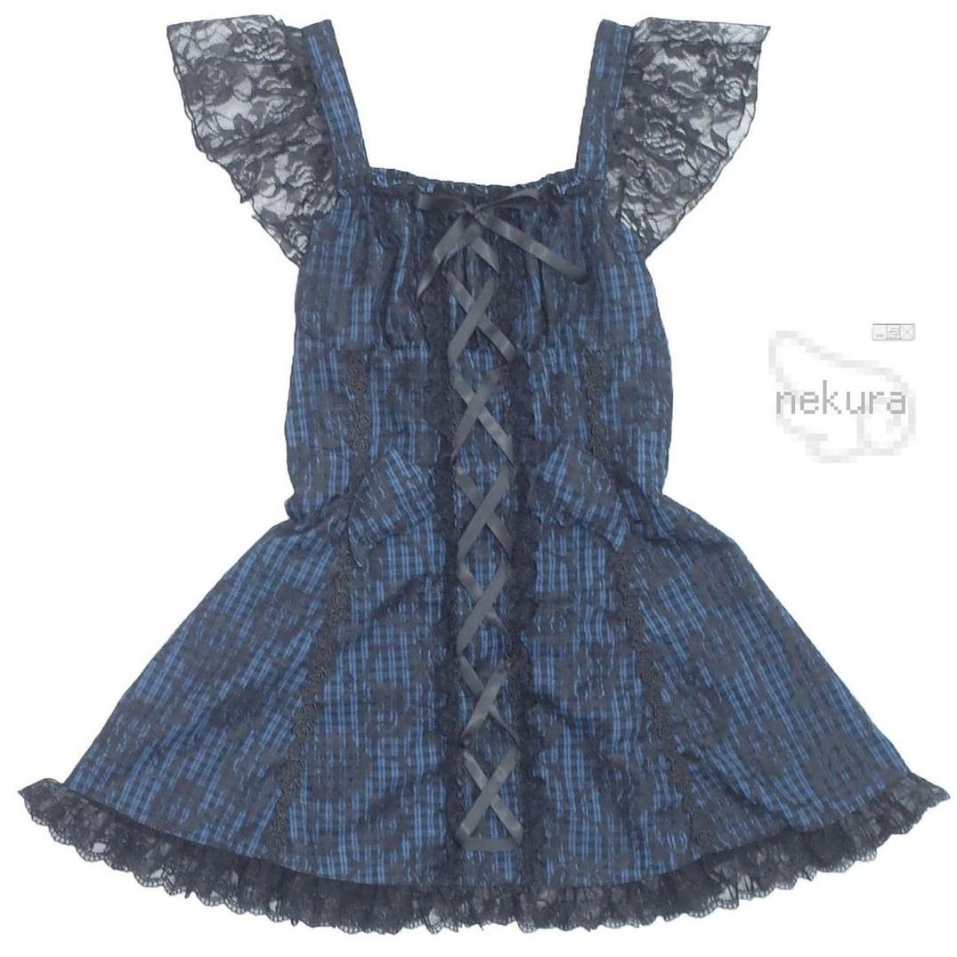 Jirai Kei Dress Set Blue Plaid Flying Sleeve Dress 35266:485326 35266:485326