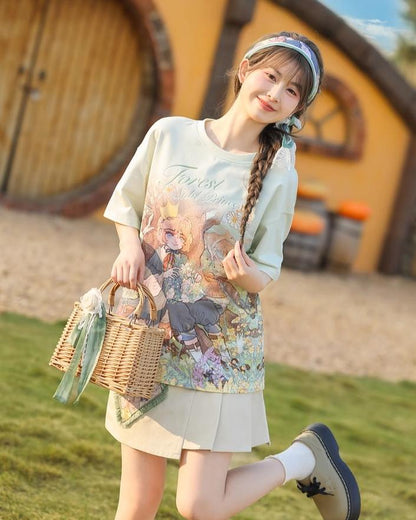 Mori Kei T-shirt Fairy Kei Top Fairytale Print T-shirt 36232:525426