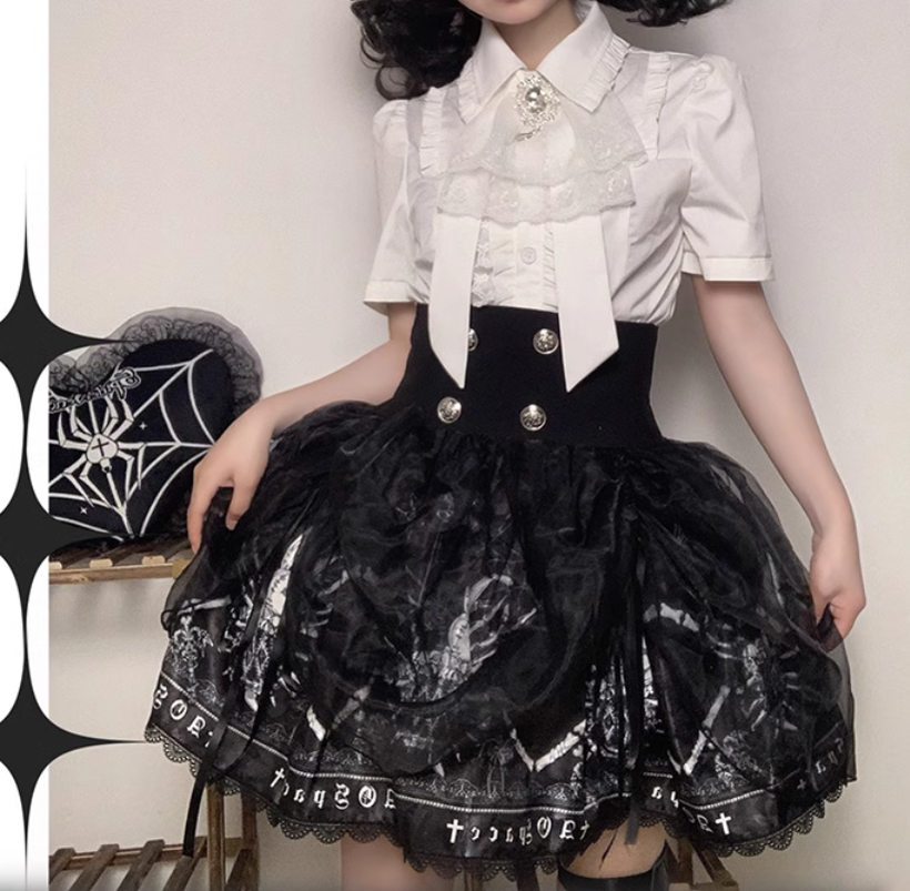 Gothic Lolita Skirt High-Waisted Print Skirt With Lace Trim 37562:563922