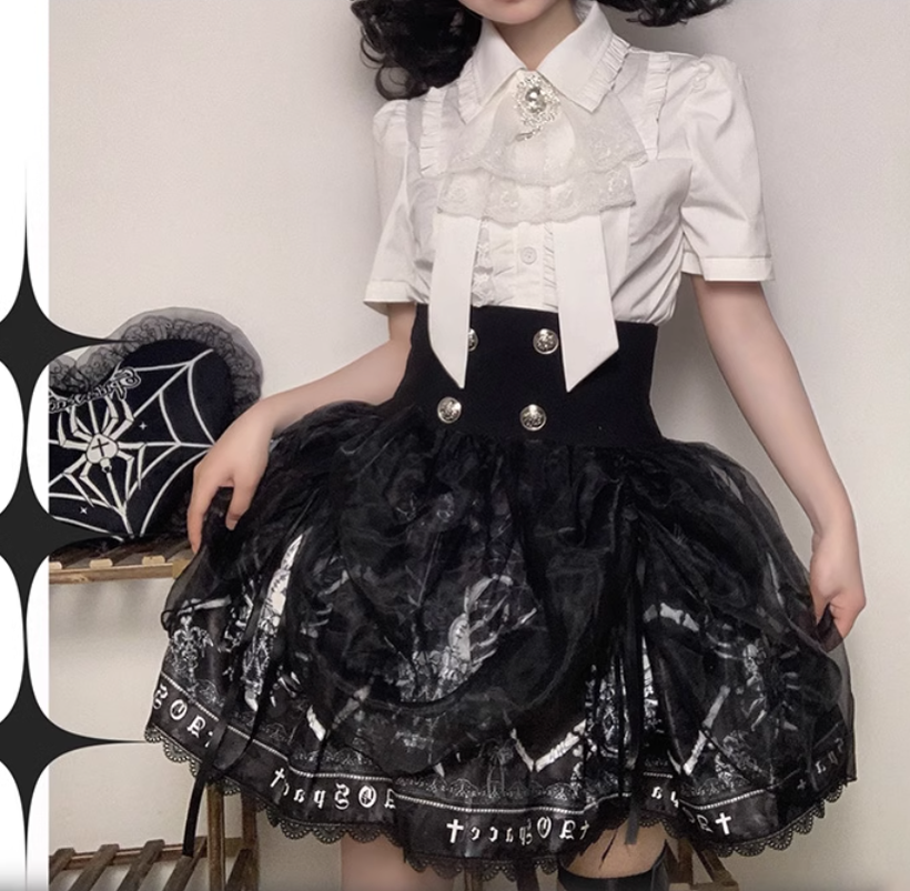 Black Lolita Skirt High-Waisted Print Skirt With Lace Trim 37562:563922
