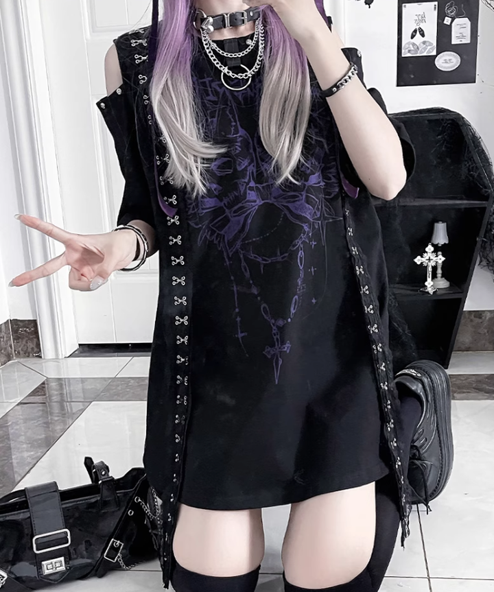 Open-Shoulder Subculture Cotton T-Shirt 43872:789442