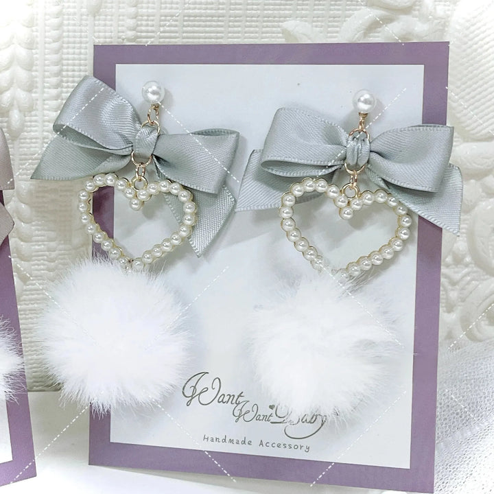 Jirai Kei Heart-shaped Earrings, Fluffy Pom-pom & Bow Accents 45694:860109