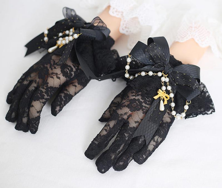 Lolita White Black Gloves With Lace Bow 22546:321888 22546:321888