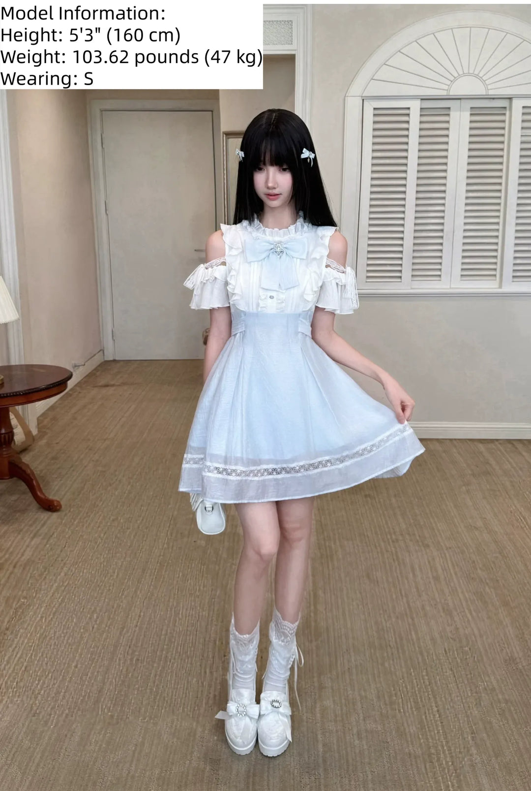 Seiso Kei Open Shoulder Dress, Blue & White Color Spliced 45752:861432