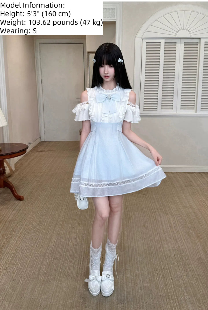 Seiso Kei Open Shoulder Dress, Blue & White Color Spliced 45752:861432