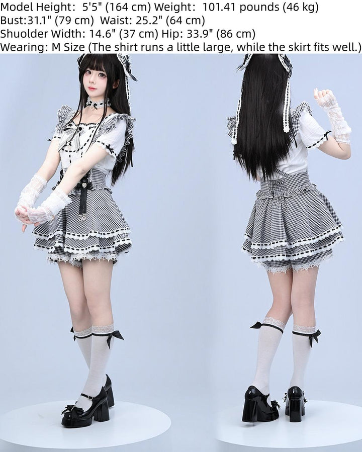 Jirai Kei Cotton Shirt, High-Waisted Suspender Skirt 45267:845252
