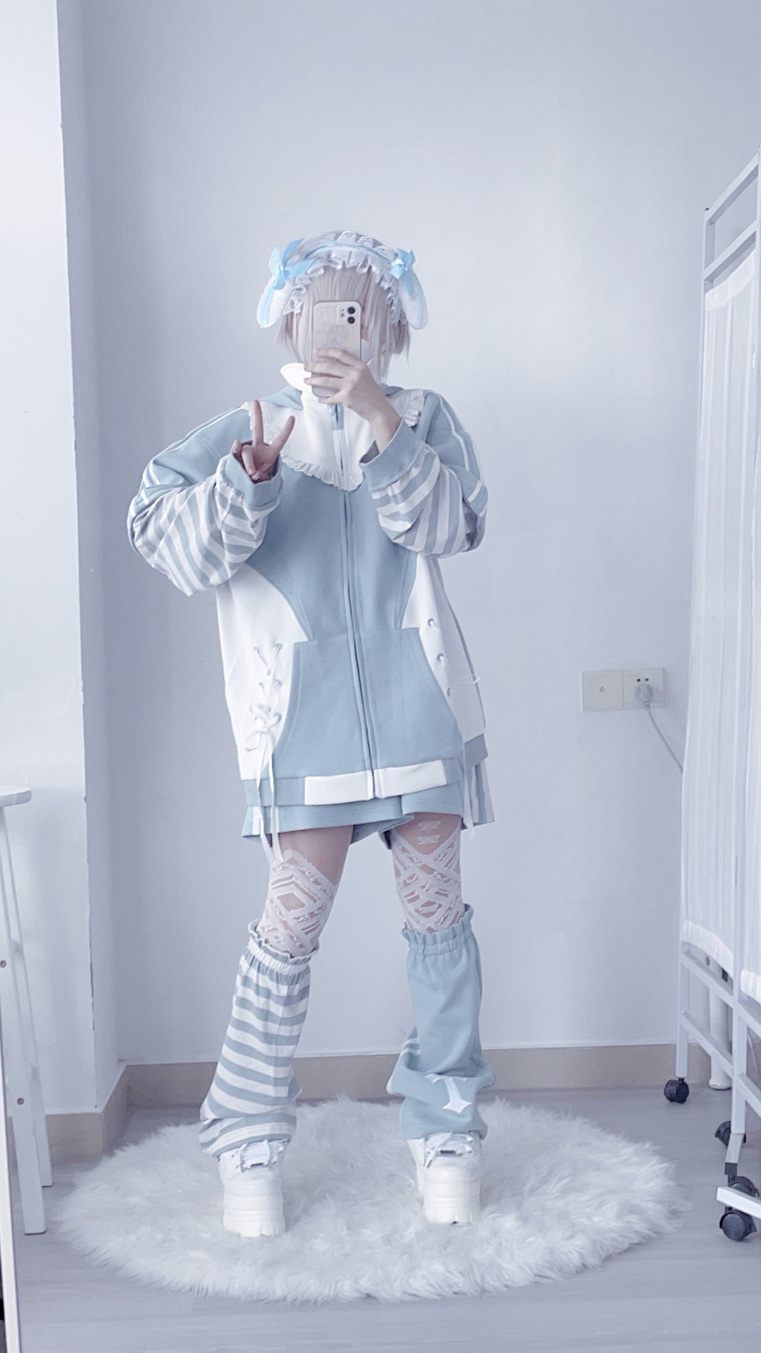 Jirai Kei Blue Hooded Coat With Long Bunny Ears 21834:461335 21834:461335