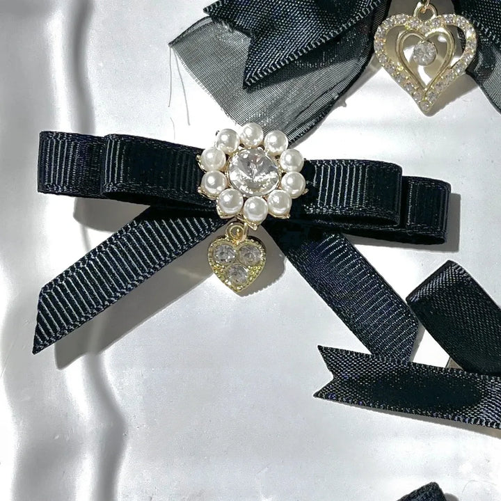 Jirai Kei Bow Hair Clips Set, Rhinestone & Pearl Accent 45776:866481