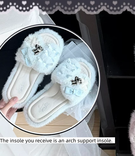 Jirai Kei Plush Wedge Platform Slippers, Bunny & Bow Accents 45959:870742