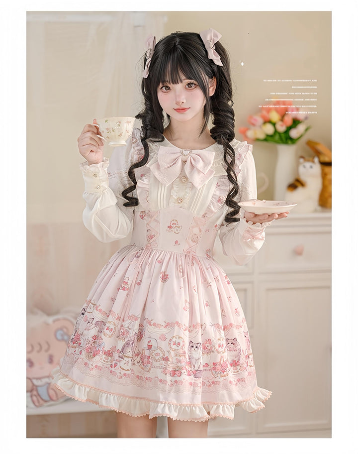 Kawaii Ryousangata Dress Long-sleeved Cat Printed OP Dress 40560:665196