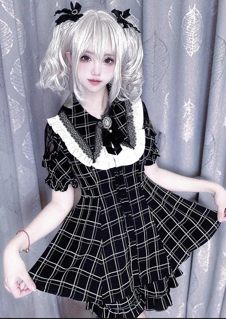 Jirai Kei Dress Set Black Plaid Dress With Puritan Collar (2XL L M XL) 39506:760377